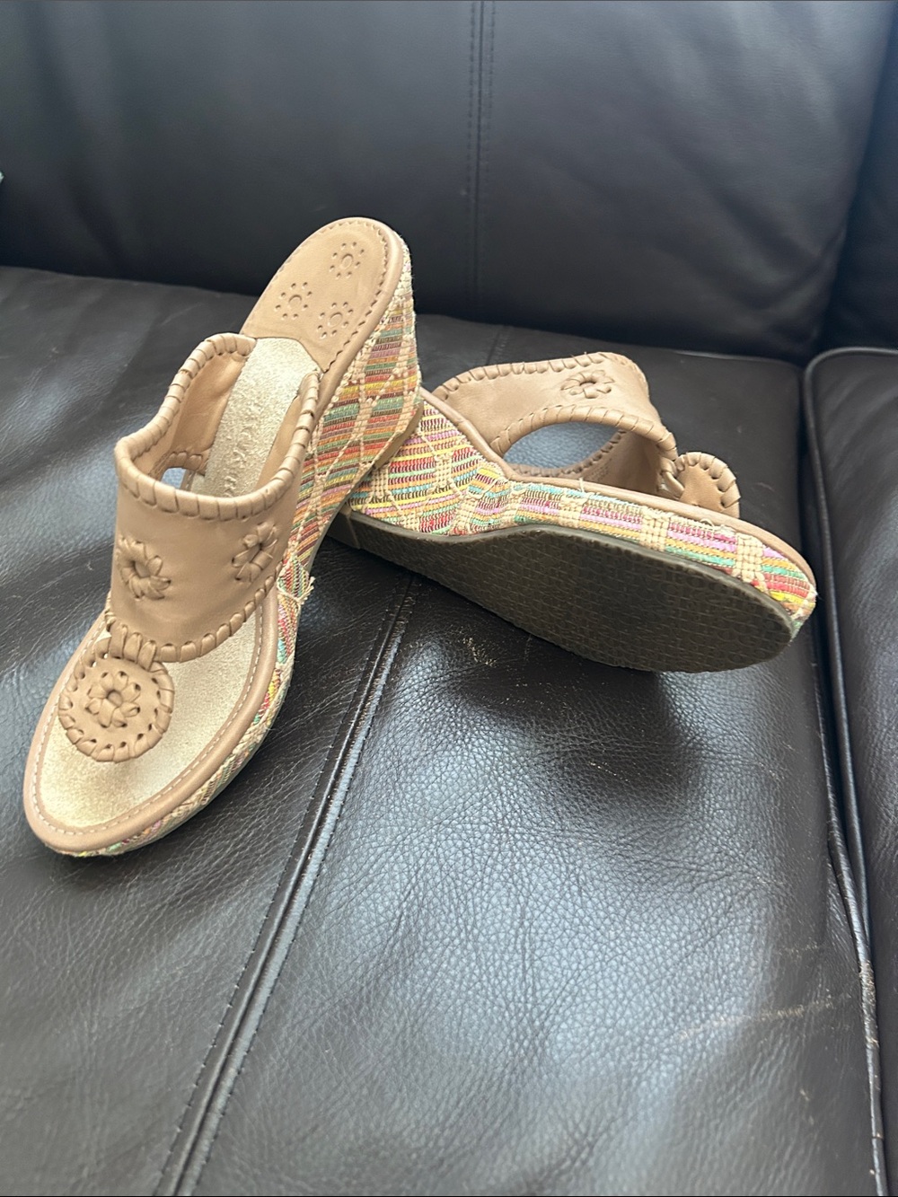 Jack Rogers Tan Leather Wedge Sandals with Multicolor Woven Heel